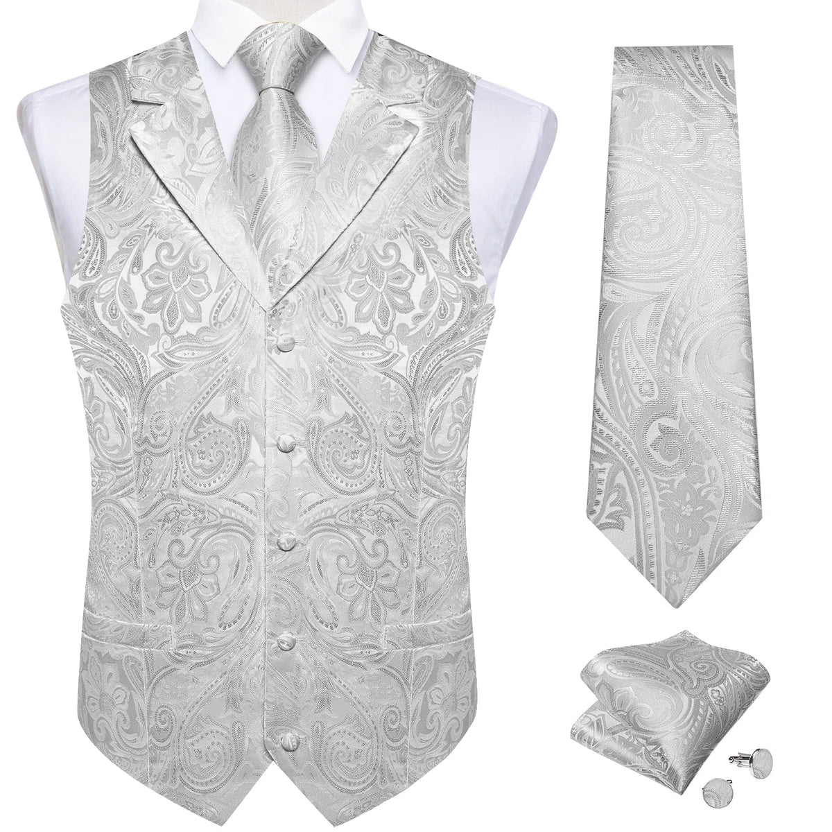 Men's Paisley Suit Vest – Single-Breasted Waistcoat with Tie, Handkerchief & Cufflinks for Weddings & Banquets