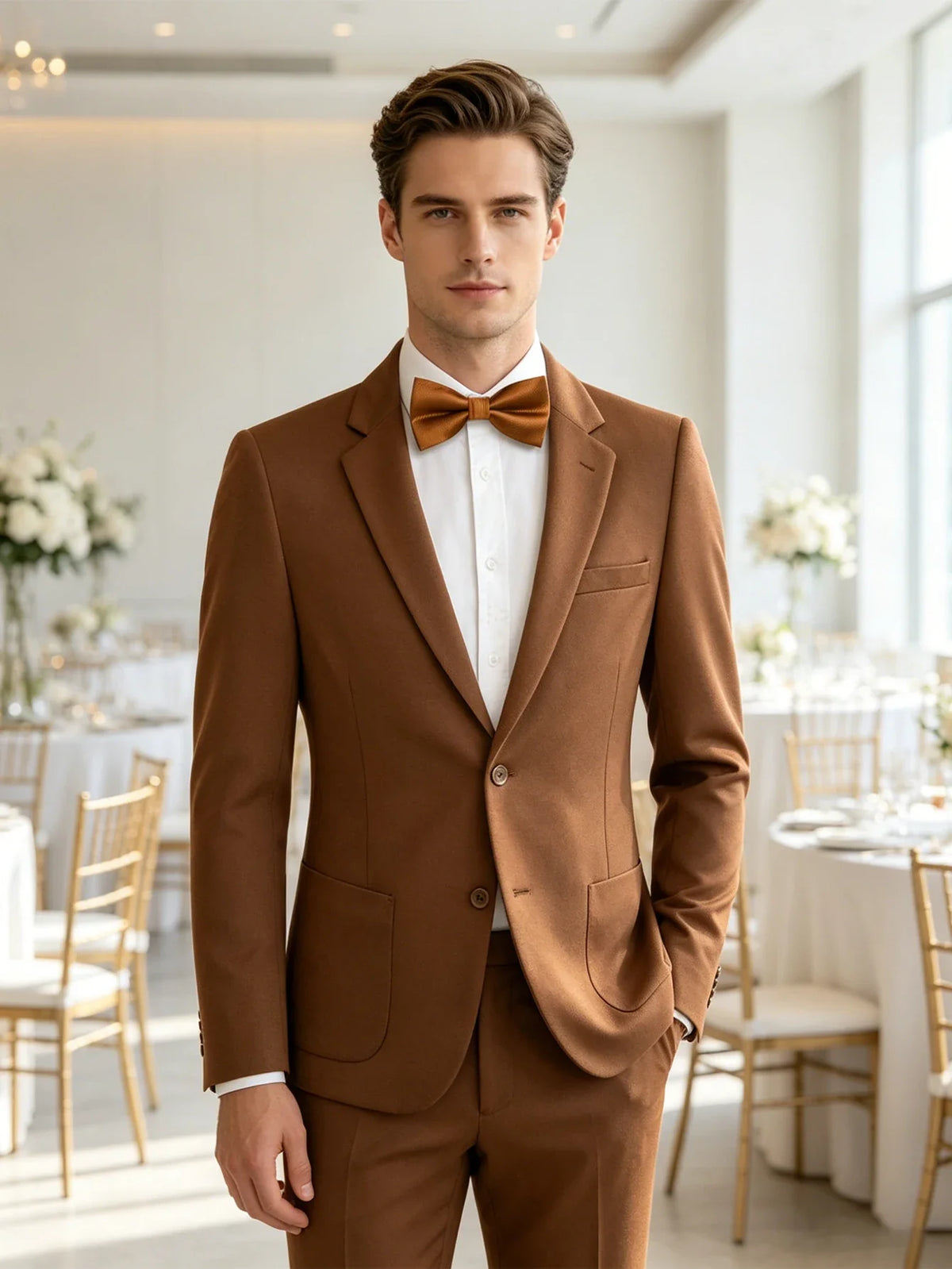 Caramel Brown Solid Mens Suit Blazer, Notch Lapel Slim Formal Jacket for Groom Wedding Business Evening Gathering
