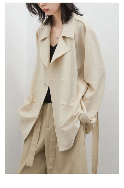 New Women Mid-length Trench Coats Loose Casual Oversized Double Breasted Office Ladies Blazer Jacket Spring Autumn