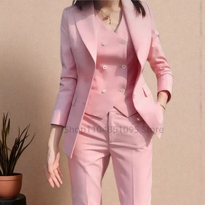 Pink Women Plus Size Suit 3 Piece Single Breasted Slim Fit Temperament Suitable For Business Work Set Jacket Vest With Pants