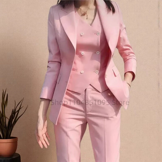 Pink Women Plus Size Suit 3 Piece Single Breasted Slim Fit Temperament Suitable For Business Work Set Jacket Vest With Pants