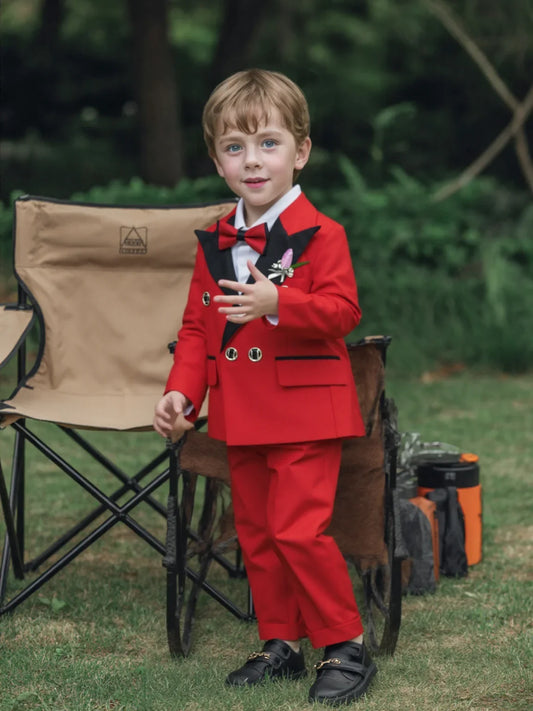 Boys Formal Red Suit Set Spring Children's Birthday Wedding Piano Performance Costume Kids Blazer Pants Bowtie Outfit