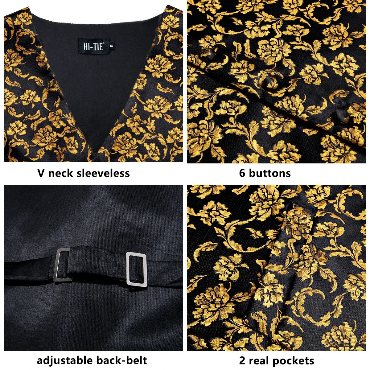 Men's Jacquard Waistcoat Suit Vest with Tie Hanky Cufflinks Brooch Set for Weddings and Business Events