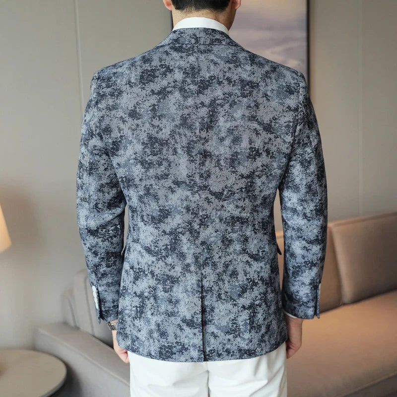 2026 Spring Denim Blue Men's Casual Suit Jacket Korean Slim Blazers Tie-dyed Business Social Jacket Banquet Party Dress Coats