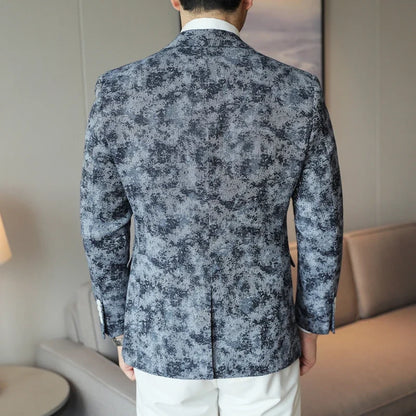2026 Spring Denim Blue Men's Casual Suit Jacket Korean Slim Blazers Tie-dyed Business Social Jacket Banquet Party Dress Coats