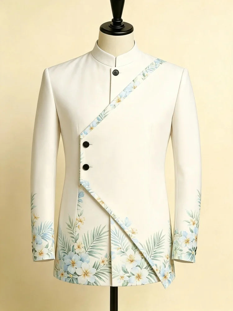 Men Slim Stand Collar Single Jacket Floral Print Panel Blazer New Chinese Style Office Evening Party Outerwear