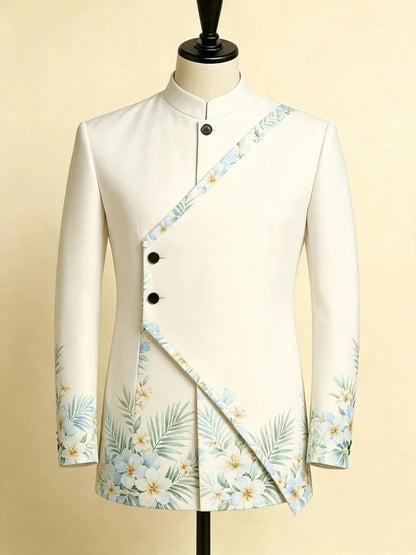 Men Slim Stand Collar Single Jacket Floral Print Panel Blazer New Chinese Style Office Evening Party Outerwear