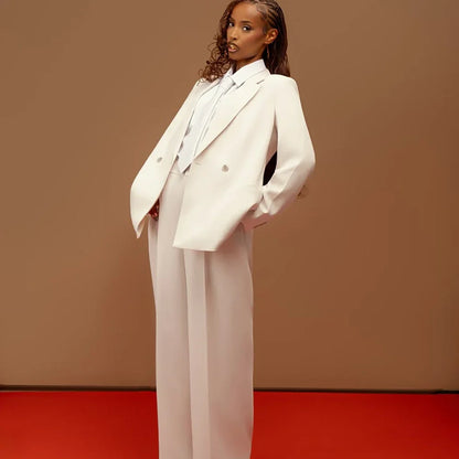 Elegant Women Ivory Double Breasted Suit Timeless Notch Lapel Jacket Wide Leg Pants Graduation Formal Business Outerwears