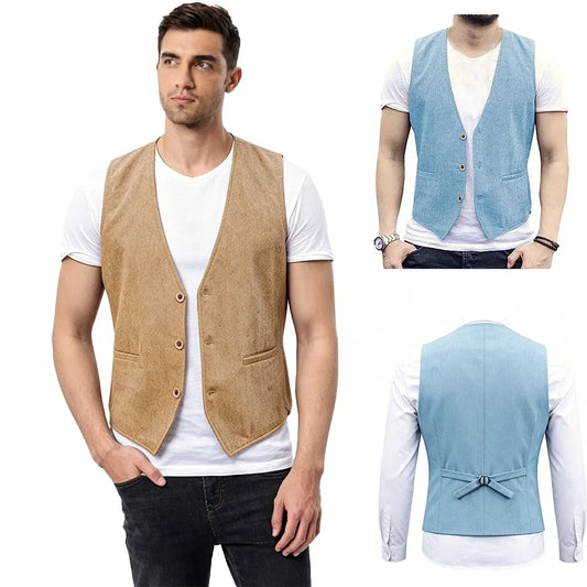 Men's Linen Waistcoat Slim Fit V-Neck Casual Suit Vest for Men