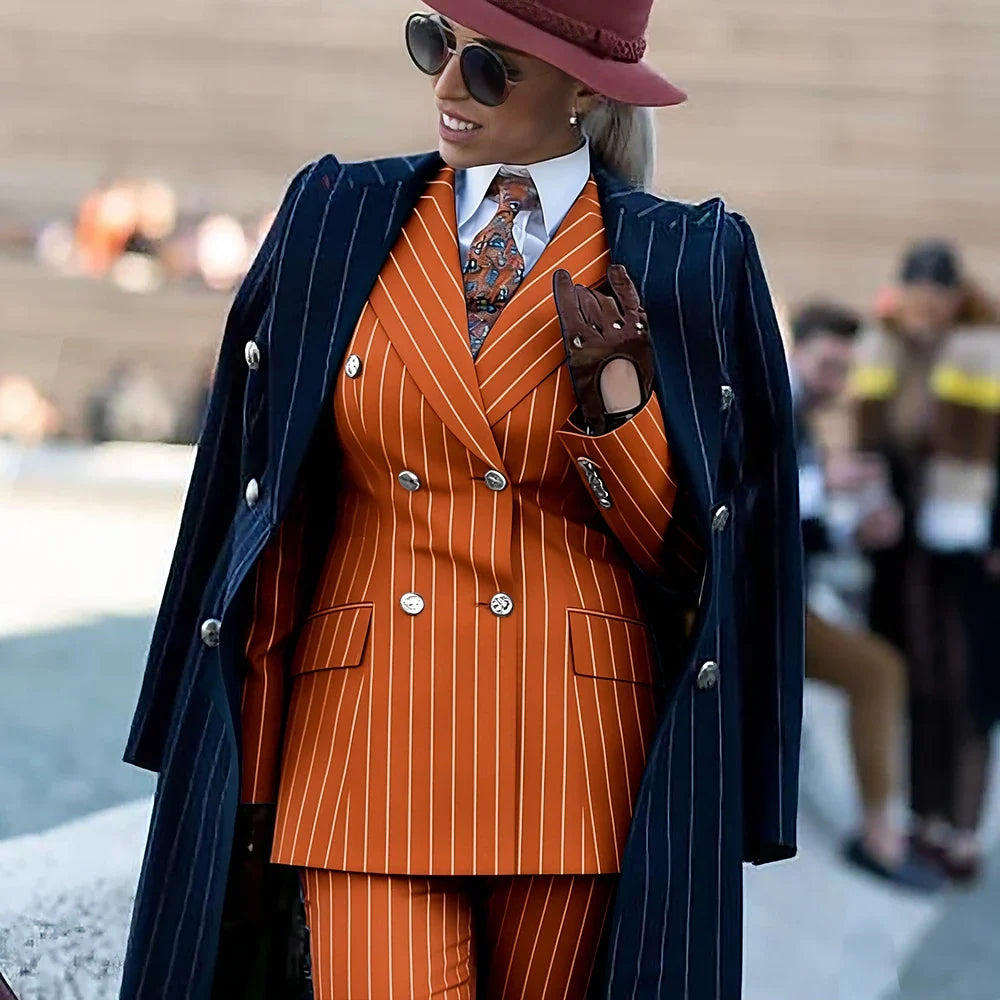 Formal Women's Burgundy Pinstripe Suit with Navy Blue Striped Coat Double Breasted 3Piece Set Elegant Evening Party Outerwears