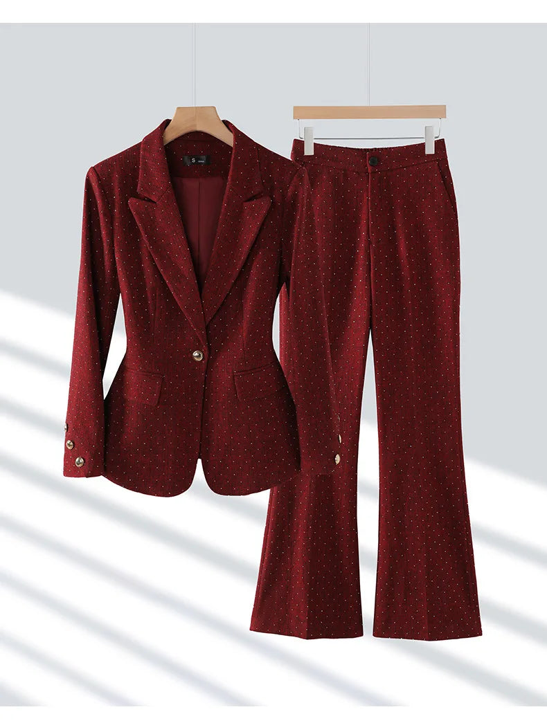 Fashion Women Suits 2024 New Autumn Winter Temprament Business Formal Slim Blazer And Flare Pants Office Ladies Work Wear