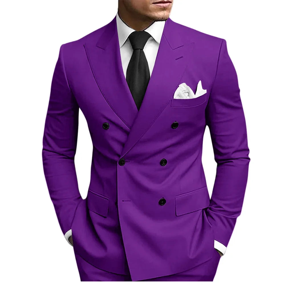Classic Solid Suit Set 2 Pieces Jacket Pants For Men Wedding Groom Sets Double Breasted Men's Suits Banquet Tuxedo Wear XS-5XL