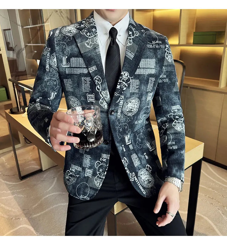 2024 Autumn Winter Jacquard Denim Suit Jacket for Men Fashion Business Casual Blazers Streetwear Social Men Clothing