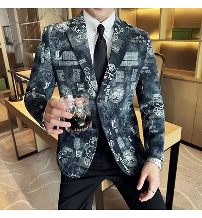 2024 Autumn Winter Jacquard Denim Suit Jacket for Men Fashion Business Casual Blazers Streetwear Social Men Clothing