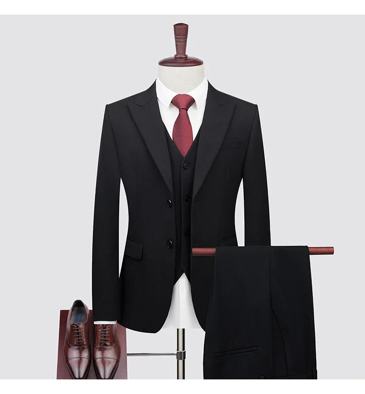 Men's High-End Wool Suit Three-Piece Set Business Casual Fashion Tencel Vest Trousers Bridegroom Wedding Dress