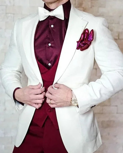 Burgundy Wedding Men Suits Slim Fit Tuxedo 3 Pieces Suit Groom Prom Jacquard Blazer Terno Masculino Suit