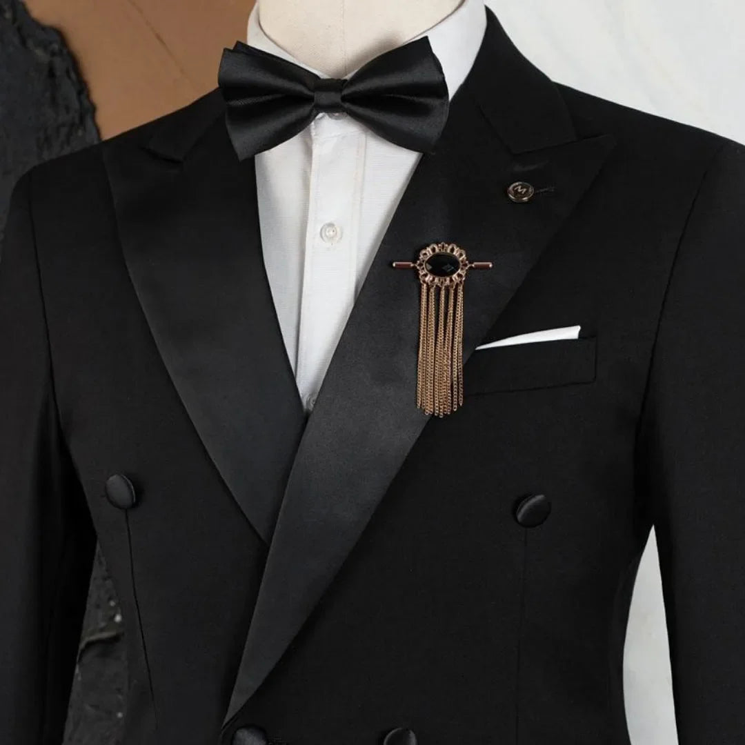 Men Suit Black 2 Piece Double Button With Bright Lapel For Wedding Groom Birthday Party Banquet Business Work Suit Jacket Pants