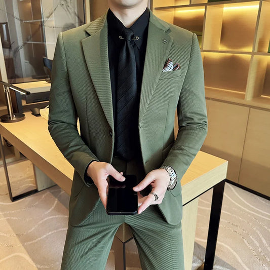 Korean Slim Fit Suit Set (Blazer+Trouser) Knitted Twill Business Wedding Suit Set Casual Office Work Party Prom 2 Pieces Suits