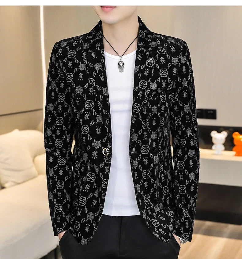 Blazer New Men's Fashion Corduroy Business Gentleman Slim Letter English Style Outdoor Performance Wedding Banquet Casual Blazer