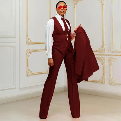 Orange Women's Suits Customized Plus Size Formal Single-breasted Peaked Lapel Three Pieces (Jacket+Pants+Vest) Office Lady Set