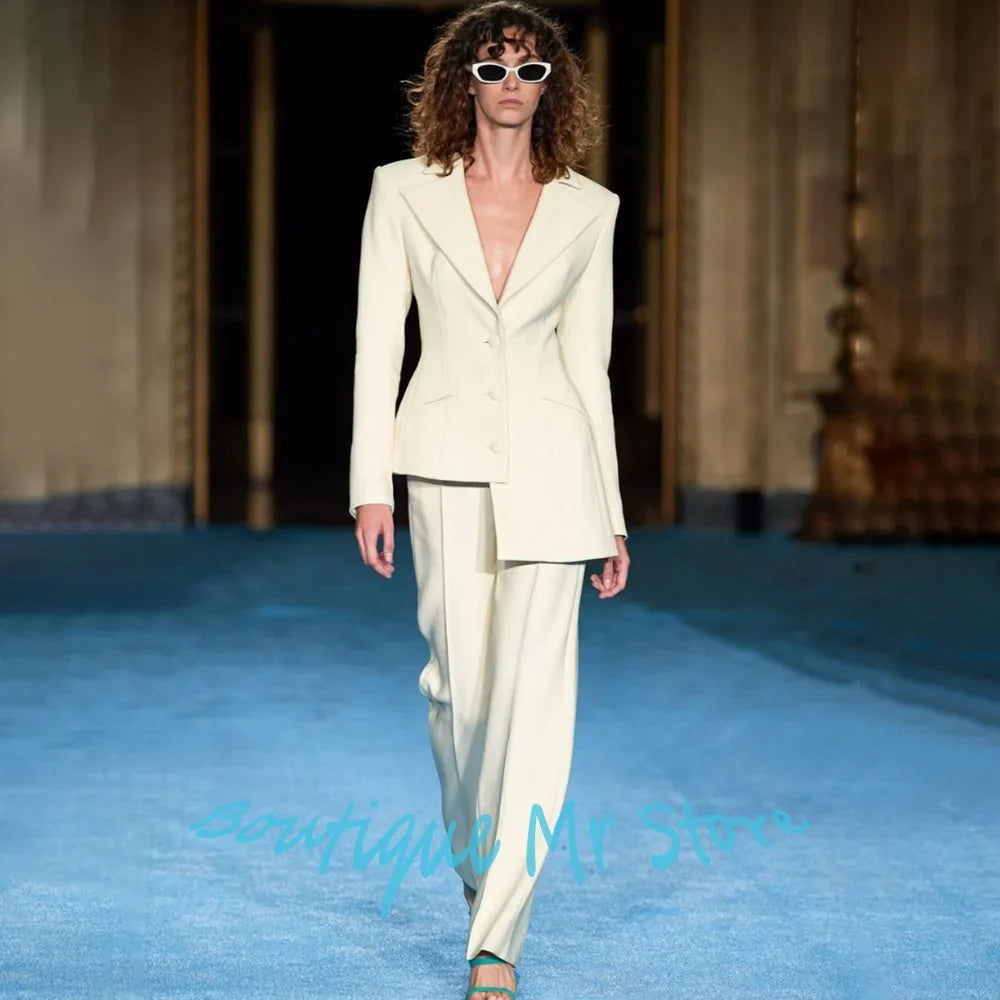 Stylish Women's Asymmetric Clothing 2Piece(Jacket+Pants) Suit Set Single Breasted Wide Peaked Lapel Blazer Smart Casual Wear
