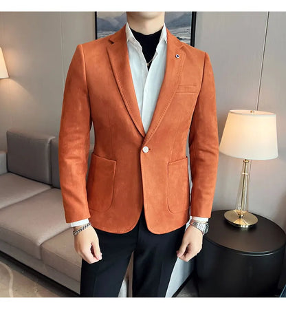 British Style Autumn Suede Business Casual Suit Jacket for Men High Quality Social Office Blazers Wedding Groom Dress Coats