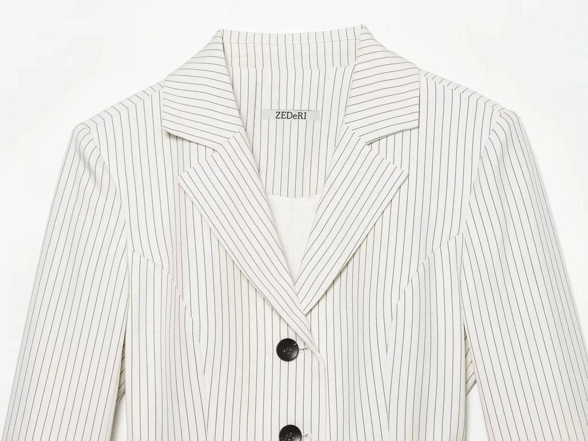 Elegant Women's Striped Blazer With Belt 2026 Spring Autumn Lapel Long Sleeves Single Breasted Slim Trendy Office Lady Suit