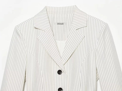 Elegant Women's Striped Blazer With Belt 2026 Spring Autumn Lapel Long Sleeves Single Breasted Slim Trendy Office Lady Suit
