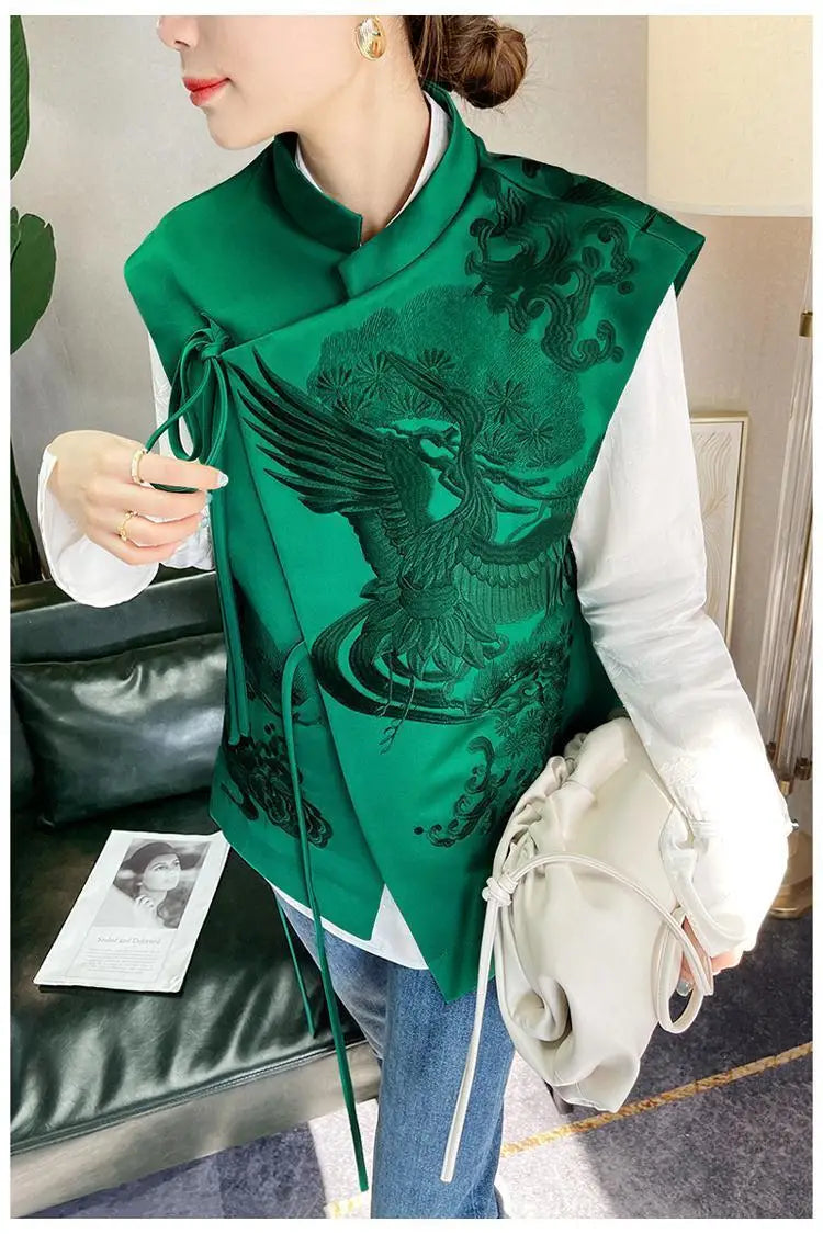 Vintage Chinese Style Vest Outerwear White Crane Embroidered Lacing Waistcoat 2025 Spring Summer Elegant Women's Clothing