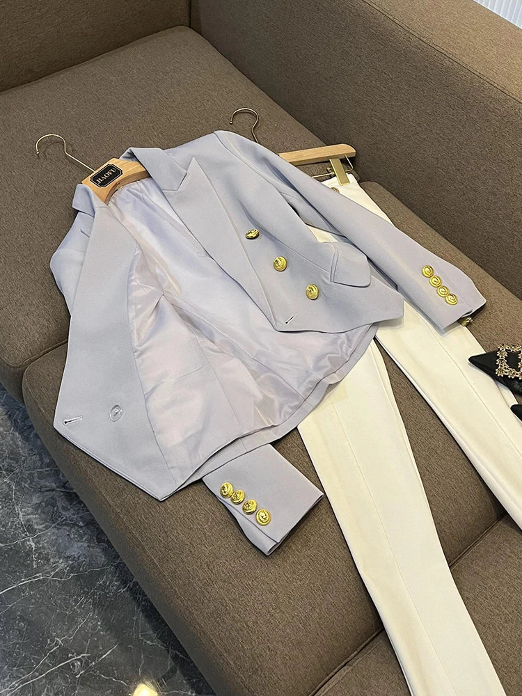 Business Commute Style Women's Long Sleeve Double-Breasted Suit Slim Fit Waist-Cinching Outerwear Fashion D9986