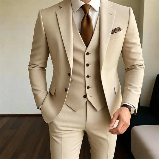 Khaki Men's Suits 3 Pieces (Jacket+Vest+Pant) Formal Slim Fit Wedding Groom Outfit Formal Party Groomsmen Wear