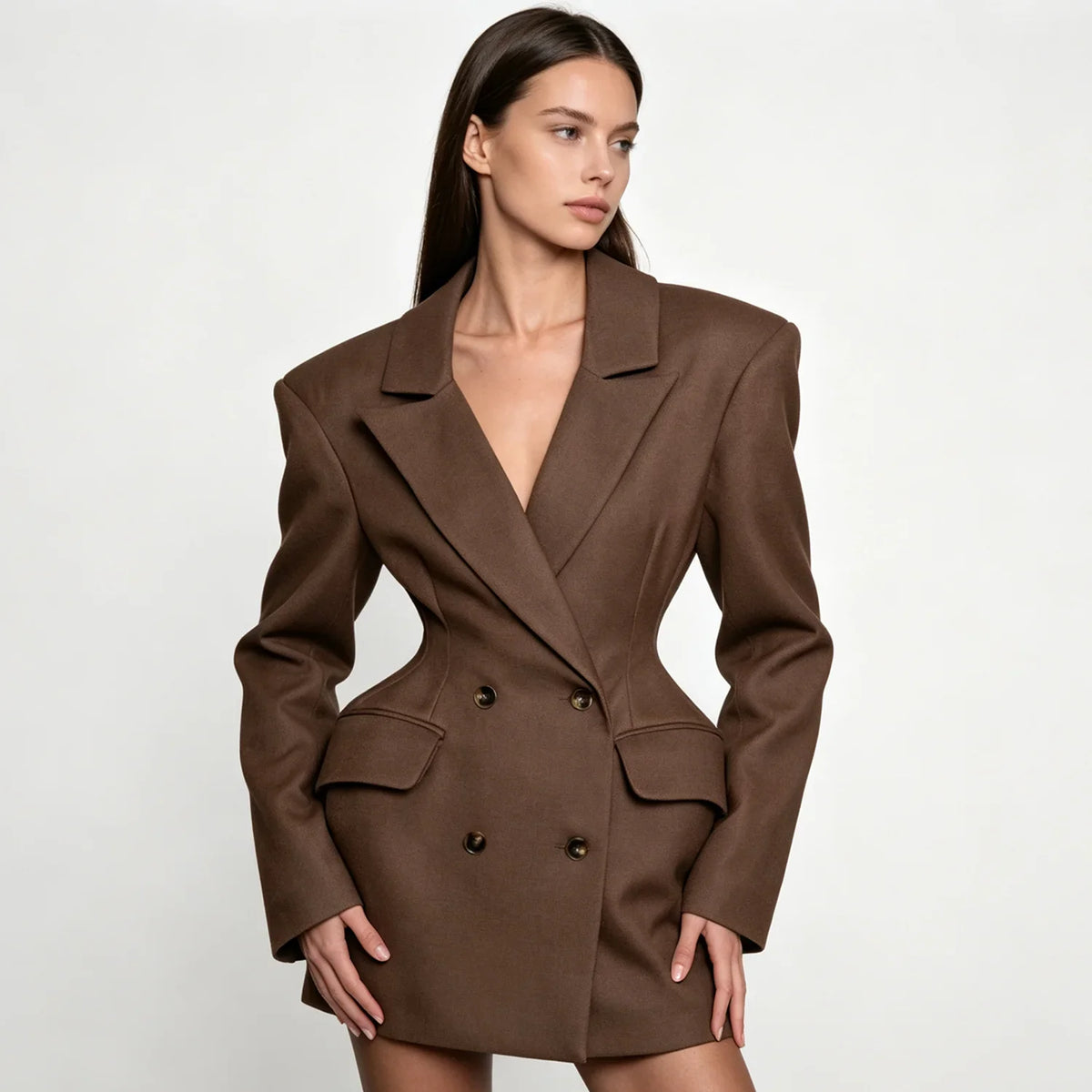 2026 Women Blazer Dress, Padded Shoulder Double-Breasted Tailored Waist Design, for Parties Office Dating Events