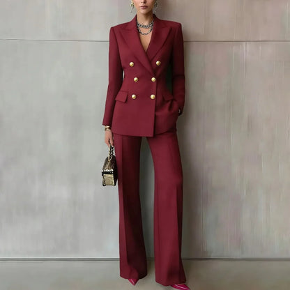 Pure Color Button up Long Sleeve Shirt And Pants Set Formal Streetwear Polyester Spandex Women's Casual Outfit Four Seasons