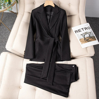 Autumn Winter New Women's Blazer Suit Trousers Two Piece Outfit 2025 New Fashion Lace Up Jacket and Pant Sets Office Wear
