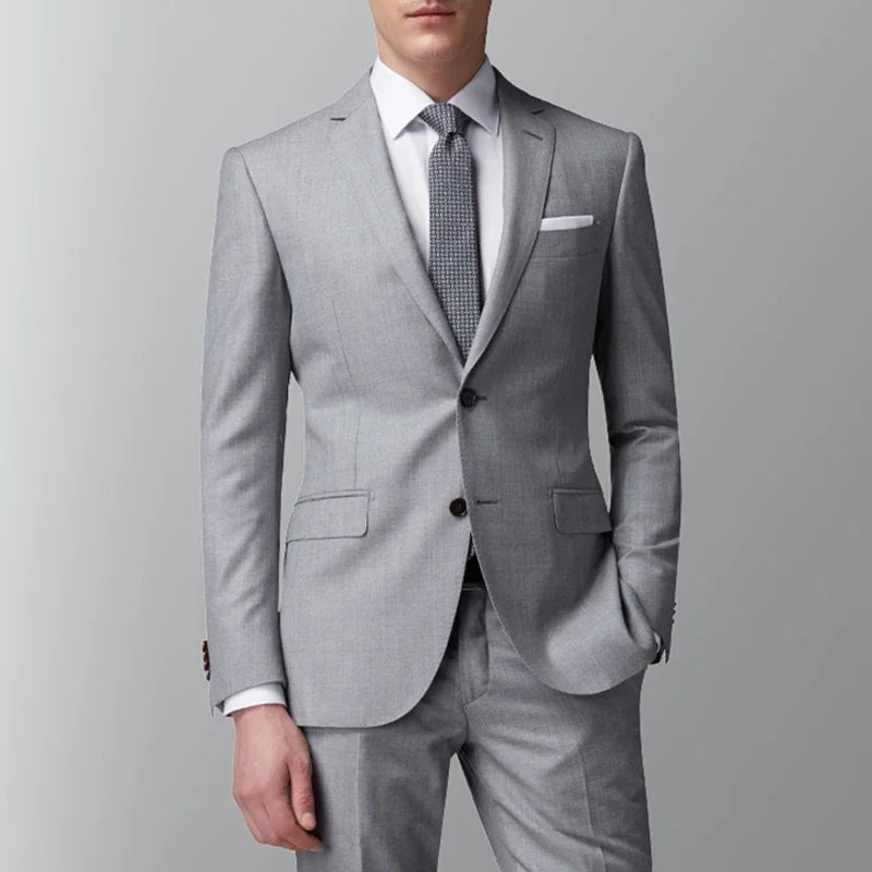 Men's Slim Fit 2-Piece Formal Suit – Light Grey Single Breasted Jacket with Trousers for Weddings & Business