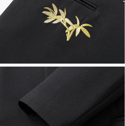 Blazer Hombre Men Luxury Clothing Oversized Chinese Style Golden Bamboo Embroidery Metal Buckle Elegant Suit for Man Jacket Coat