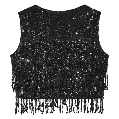Women's Vest Glitter Tassel Sleeveless Waistcoat V Neck Open Front Shiny Sequins Vests for Jazz Dancing Music Festival Clubwear