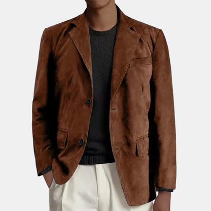 Men's Faux Suede Blazer – Retro Notched Lapel Single-Breasted Jacket for Wedding, Business & Daily Wear