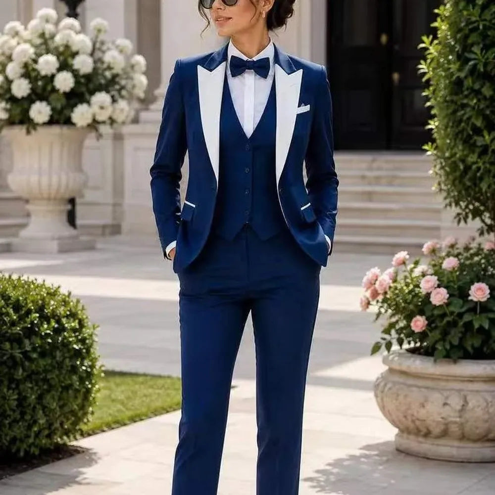 White Collar Navy Blue Formal Business Women Suit Wedding Party Prom Ladies Mother Tuxedos Costume 3 Piece Set Blazer Vest Pants