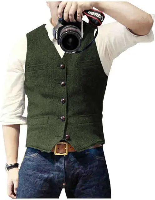 Men's Waistcoat Herringbone Wool Blend V-Neck Single Breasted Vest for Weddings and Smart Casual