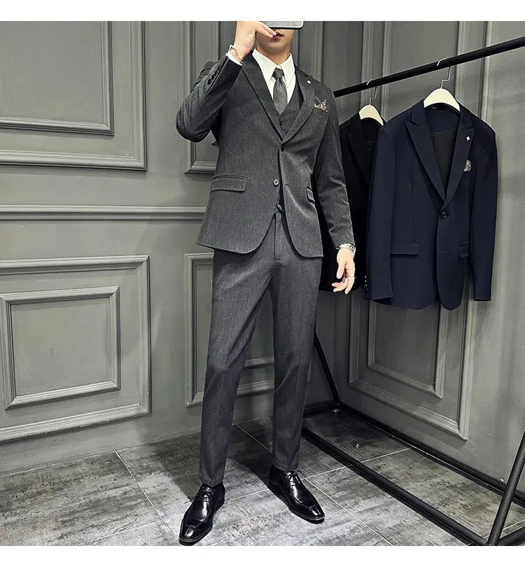 Men's 3 Piece Suit Set Double‑Button Slim Fit Solid Color Business Casual Wedding Party Jacket Vest Pants Formal Outfit for Men