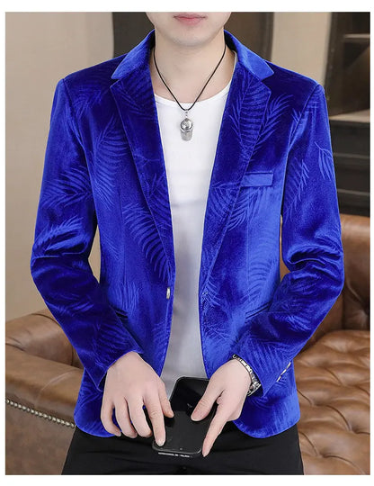 Blazer Men's Fashion Business Gentleman Groom Professional Gentleman Casual Velvet Bamboo Leaf Flower Dress High-end Blazer