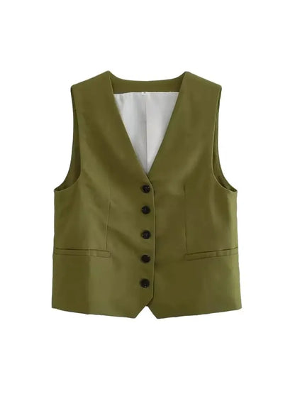 Women Fashion Front Button Linen Blend Waistcoat Vintage V Neck Sleeveless Female Outerwear Chic Vest Tops