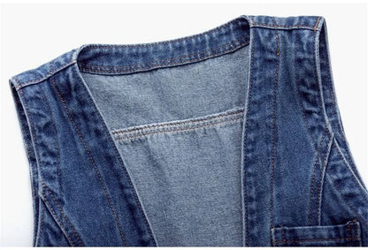 Fashion Denim Vest Female Streetwear V Neck Women Vest Summer Large Size Waistcoat Jeans Tops Sleevless Jacket Chaleco Mujer 6XL