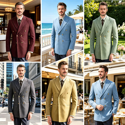 Burgundy Linen Blend Double Breasted Men's Blazer Peak Lapel Slim Fit Tailored Formal Men Suit Jacket For Wedding Groom Business