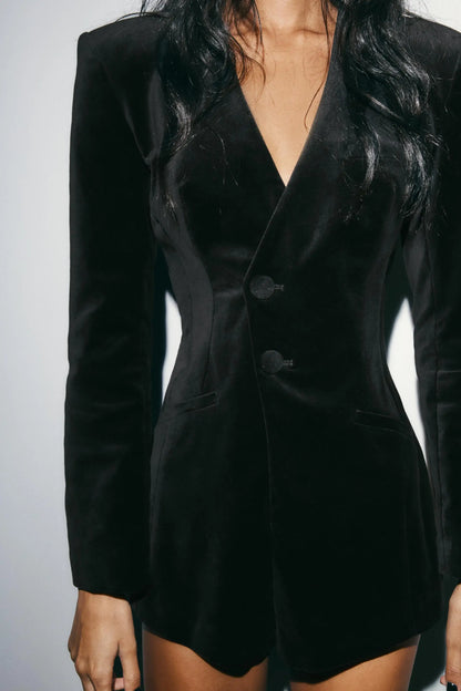 Spring 2026 Dark Style Short Velvet Suit One-Piece Pants Women Slimming Long Sleeve Business Casual Fashionable Tracksuit