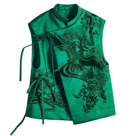 2026 Spring Summer Vintage Embroidery Green Lace Chinese Vest Jacket Chinese Style Waistcoats Outerwear Female Sleeveless Jacket