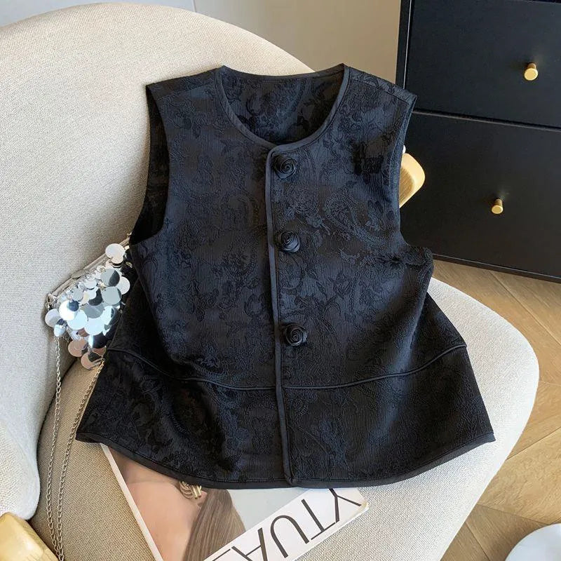 Vintage Chinese Jacquard Vest Jacket Women 2025 New Spring Summer  Rose Button Sleeveless Waistcoat Chic Female Top