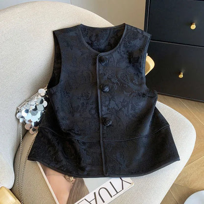 Vintage Chinese Jacquard Vest Jacket Women 2025 New Spring Summer  Rose Button Sleeveless Waistcoat Chic Female Top