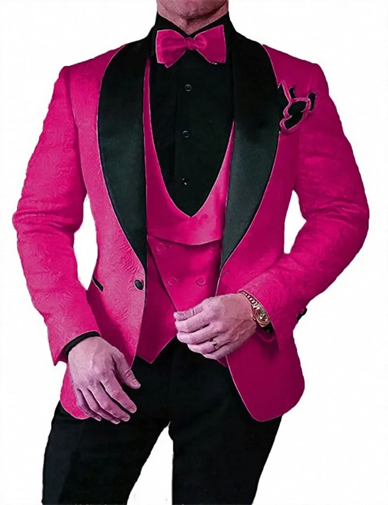 Men wedding Suits Pattern and Black Groom Tuxedos Shawl Satin Lapel Groomsmen Wedding Best Man ( Jacket+Pants+Vest)